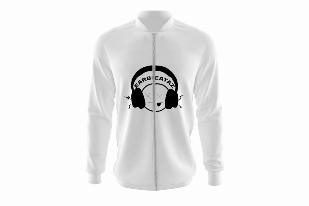 3D apparel mockup of a white zip hoodie with the EarBeataz logo