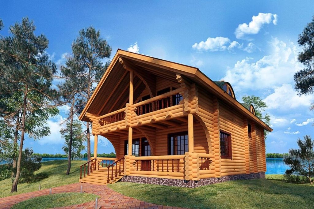 3D exterior render of a log house among pine trees on a sunny day