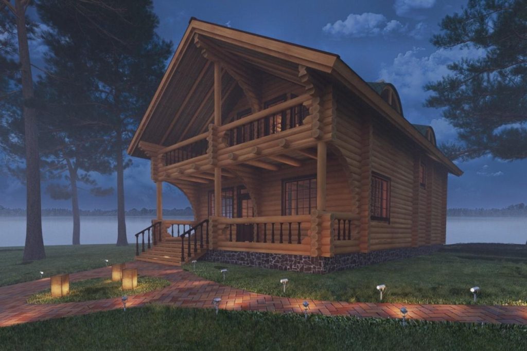The same log house rendered at night with warm path lighting