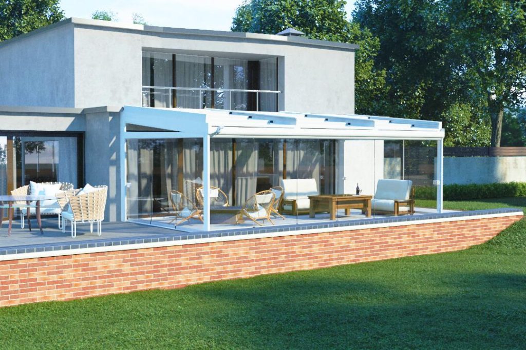 3D exterior render of a modern two-storey villa with a covered terrace and outdoor dining
