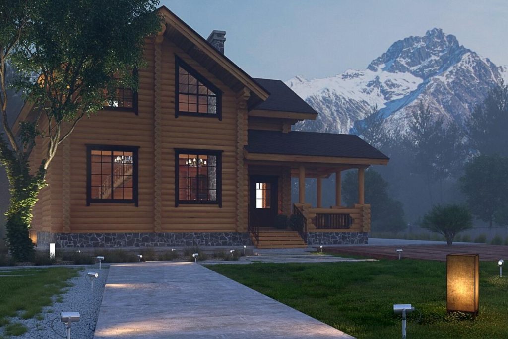 3D exterior render of a timber house with mountains behind it at dusk