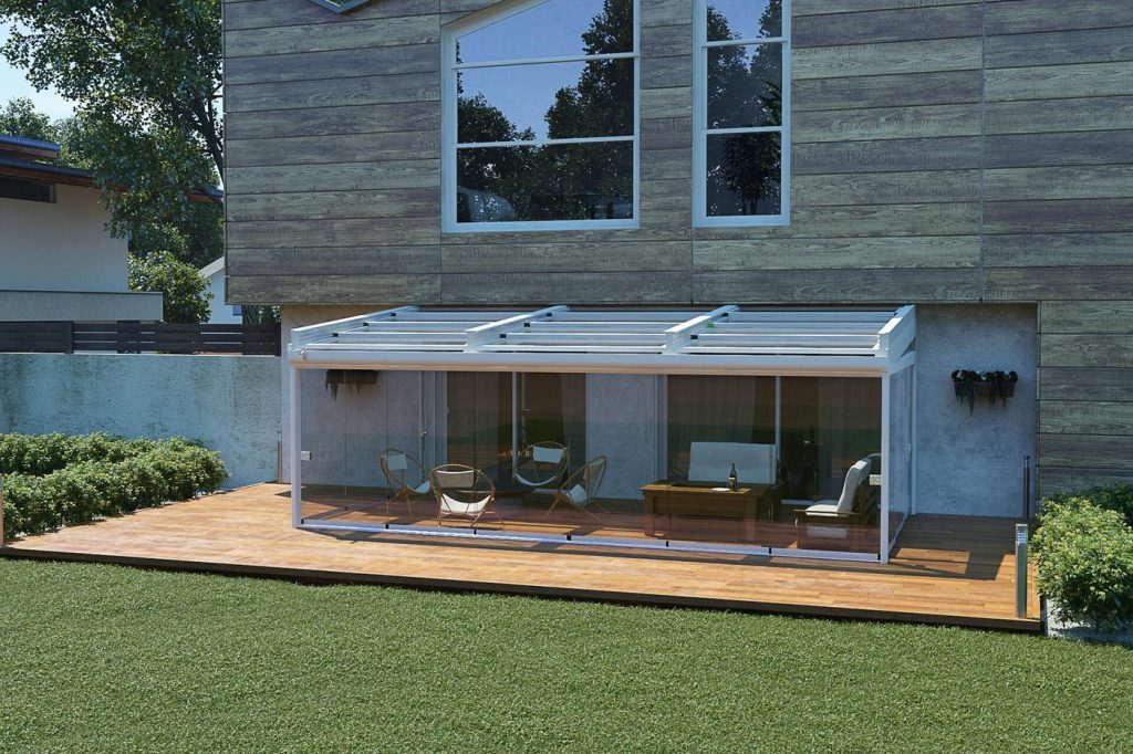 3D exterior render of a timber-clad house with a glass sunroom and deck