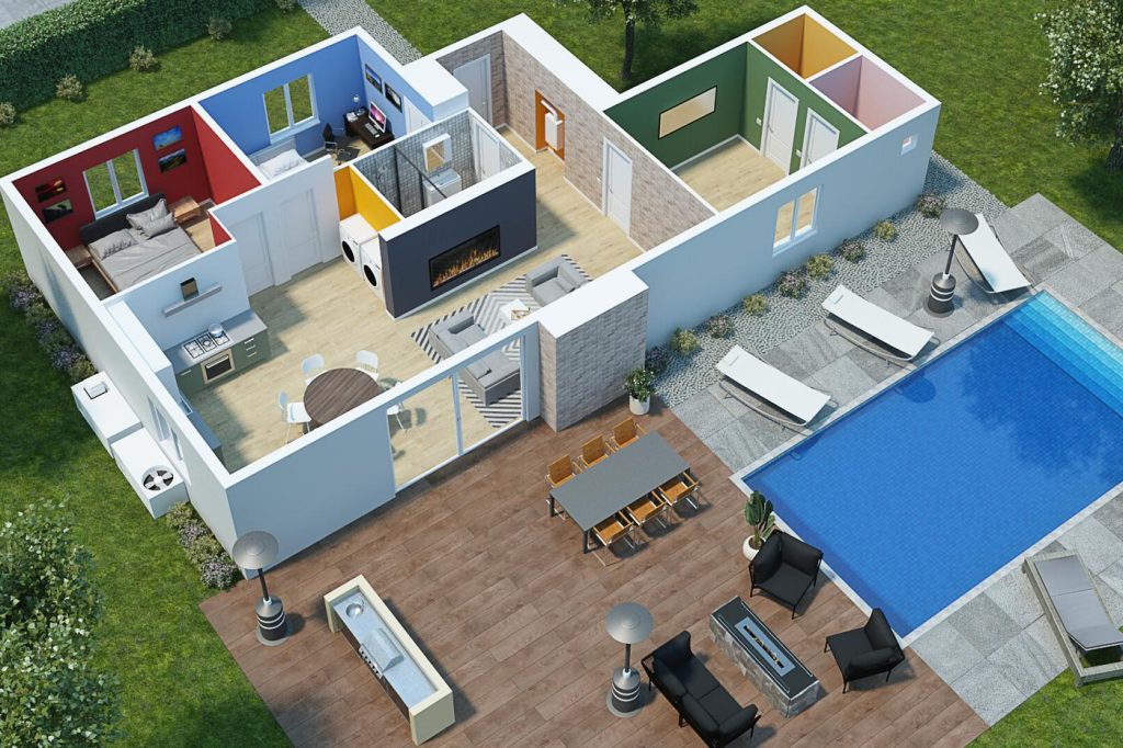 3D floor plan render of a furnished single-storey house with a pool