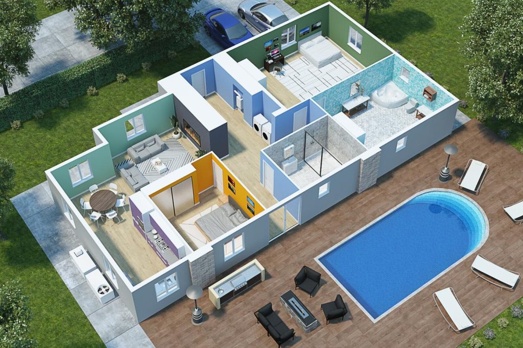 3D floor plan render of a furnished villa with an oval pool and patio