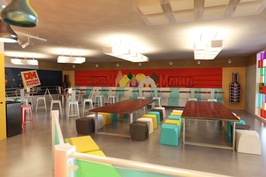 3D interior render of a cafe dining hall with long wooden tables