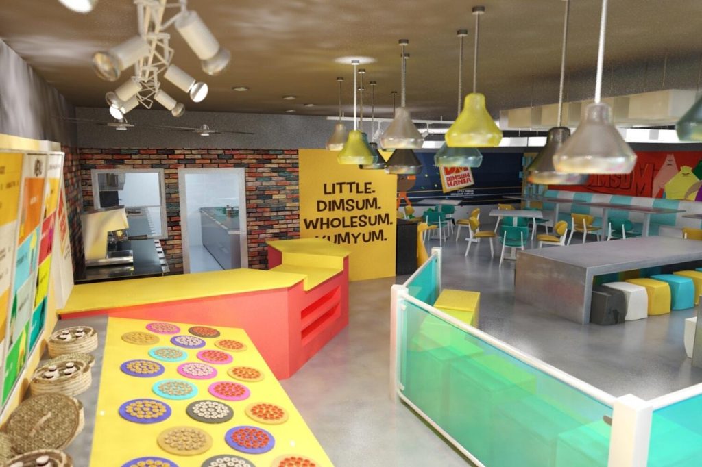 3D interior render of a family cafe with a colorful play area