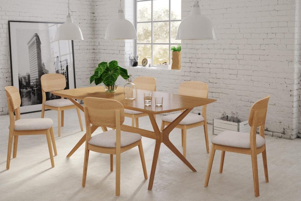 3D interior render of a Scandinavian dining room with a wooden table