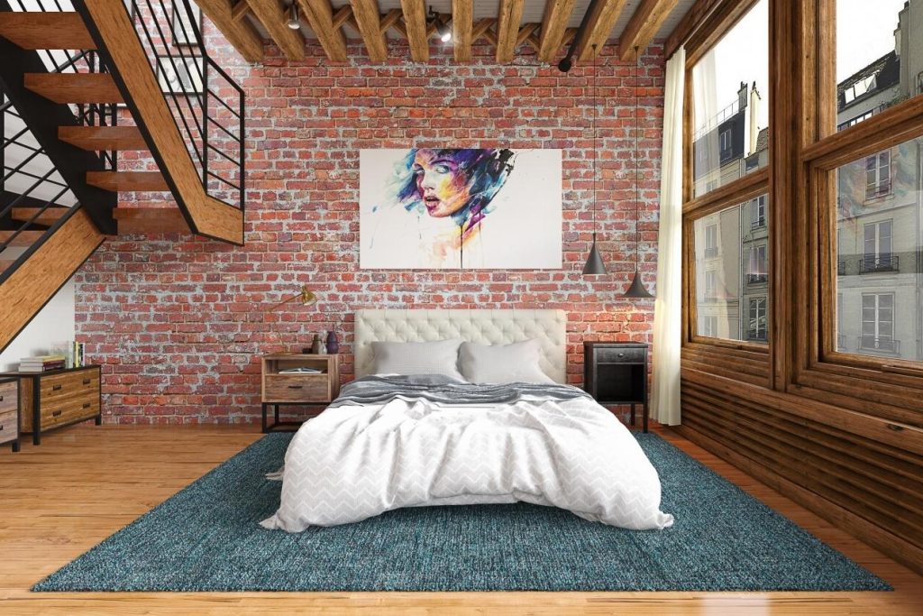 3D interior render of a loft bedroom with exposed brick and wooden beams