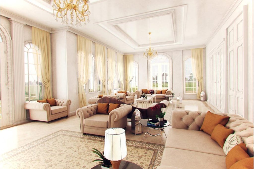 3D interior render of a luxury villa living room with chandeliers and cream sofas