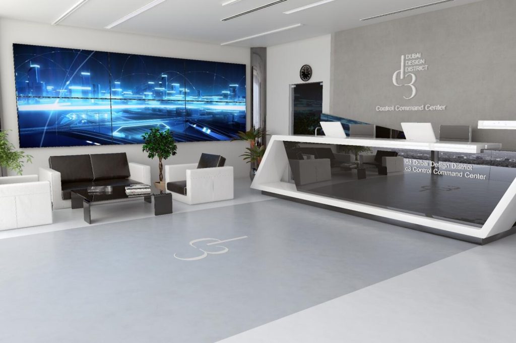 3D interior render of a modern office reception with a video wall