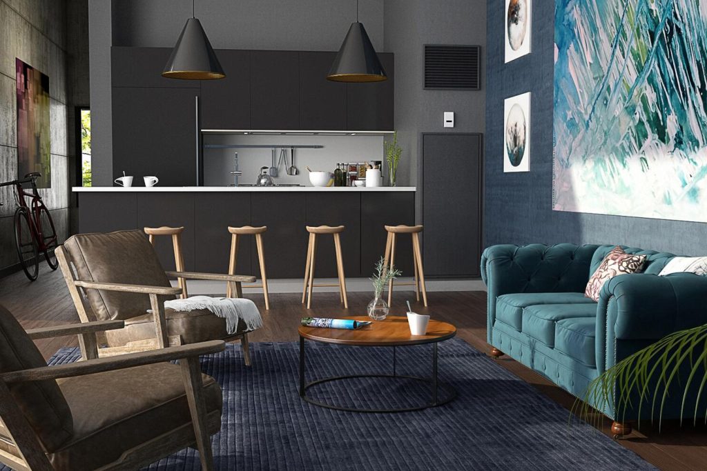 3D interior render of an open-plan living room and kitchen with dark walls