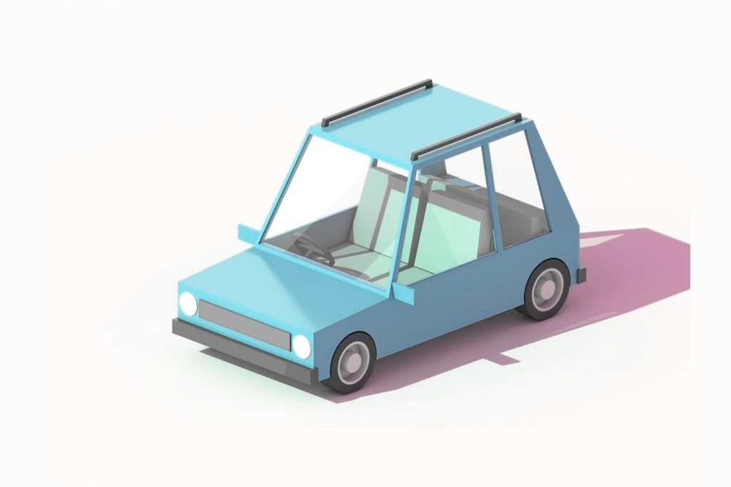 Stylized low-poly 3D model of a small blue car