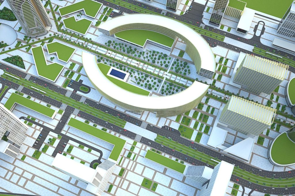 Aerial 3D masterplan render of a new mixed-use district with green roofs