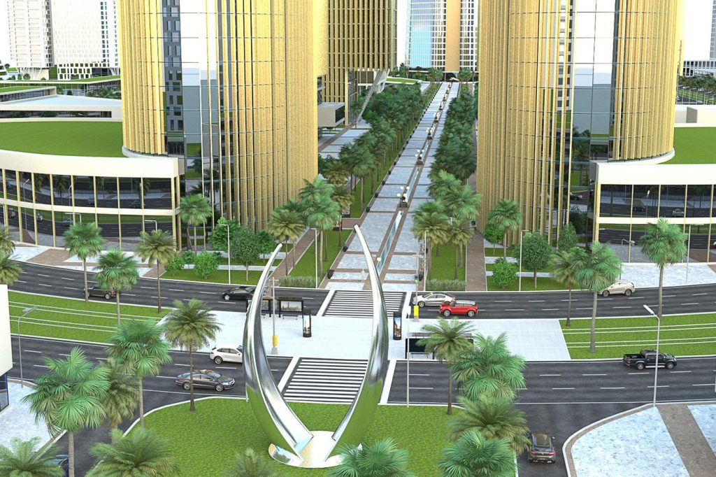 3D masterplan render of a tree-lined pedestrian boulevard between towers