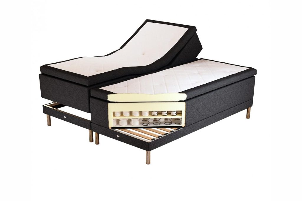 3D cutaway render of an adjustable bed showing its slats and comfort layers