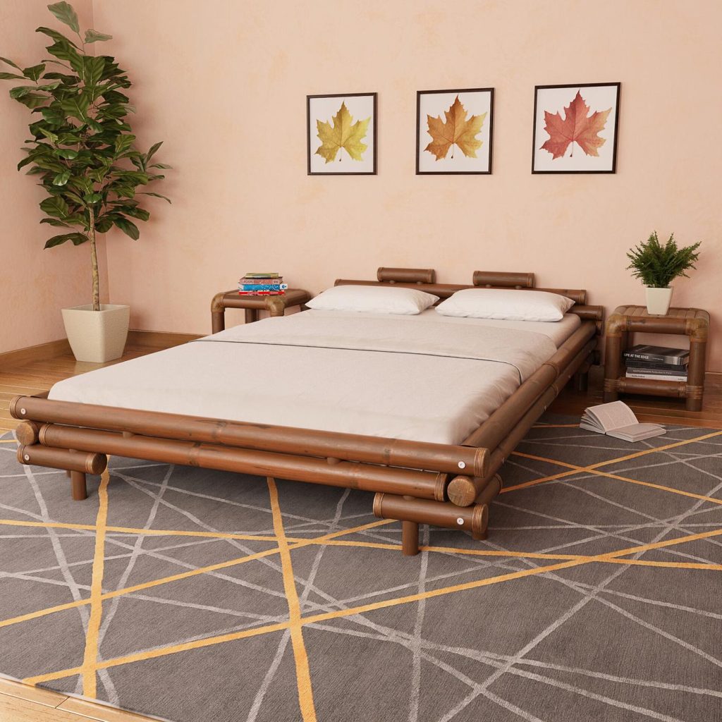 3D room-scene render of a bamboo bed and nightstands