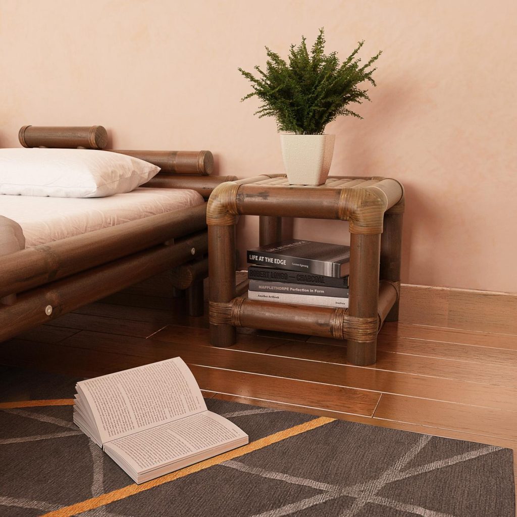 Close-up 3D render of the bamboo nightstand in a dark finish
