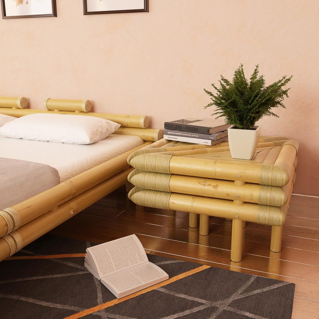 Close-up 3D render of the bamboo nightstand in a natural finish