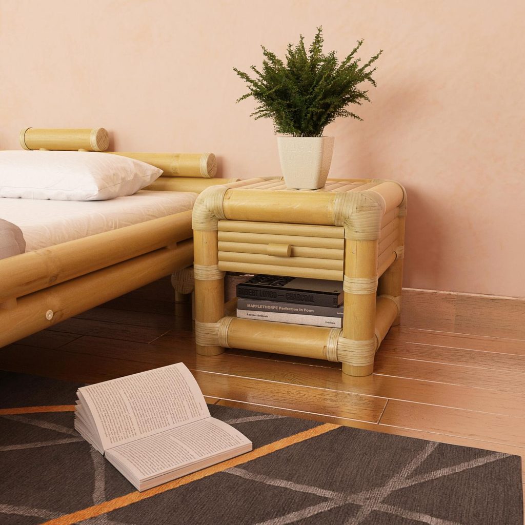 Close-up 3D render of the bamboo nightstand with its drawer