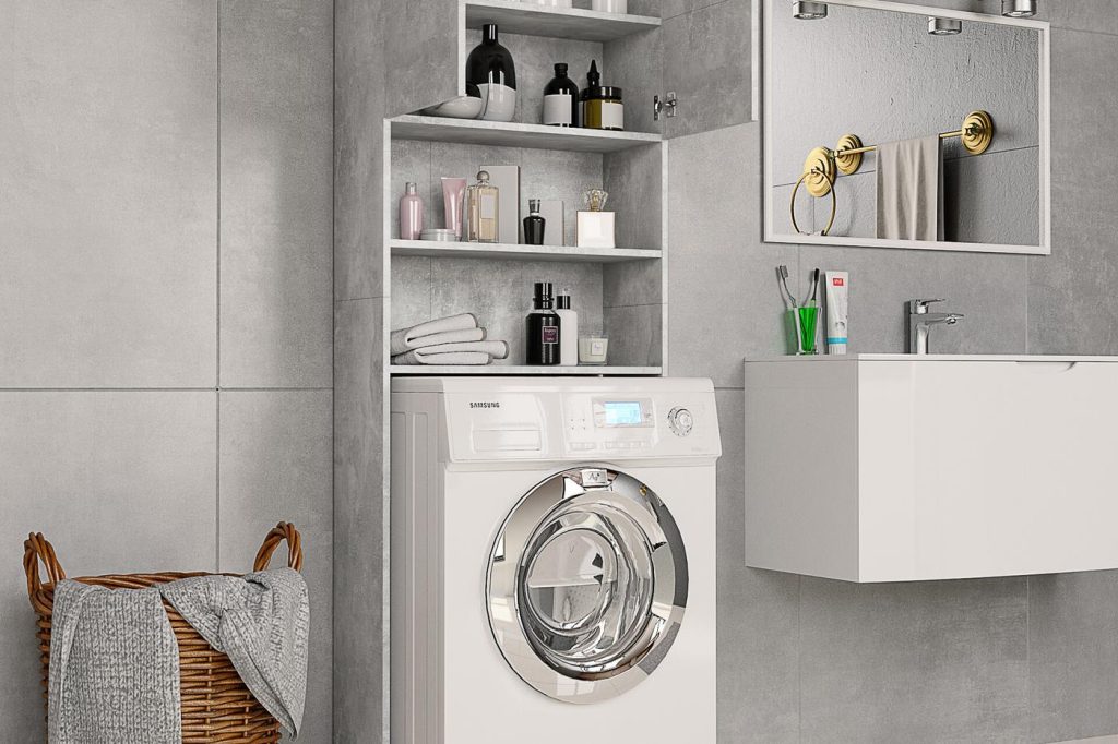 3D lifestyle render of a concrete-grey cabinet over a washing machine