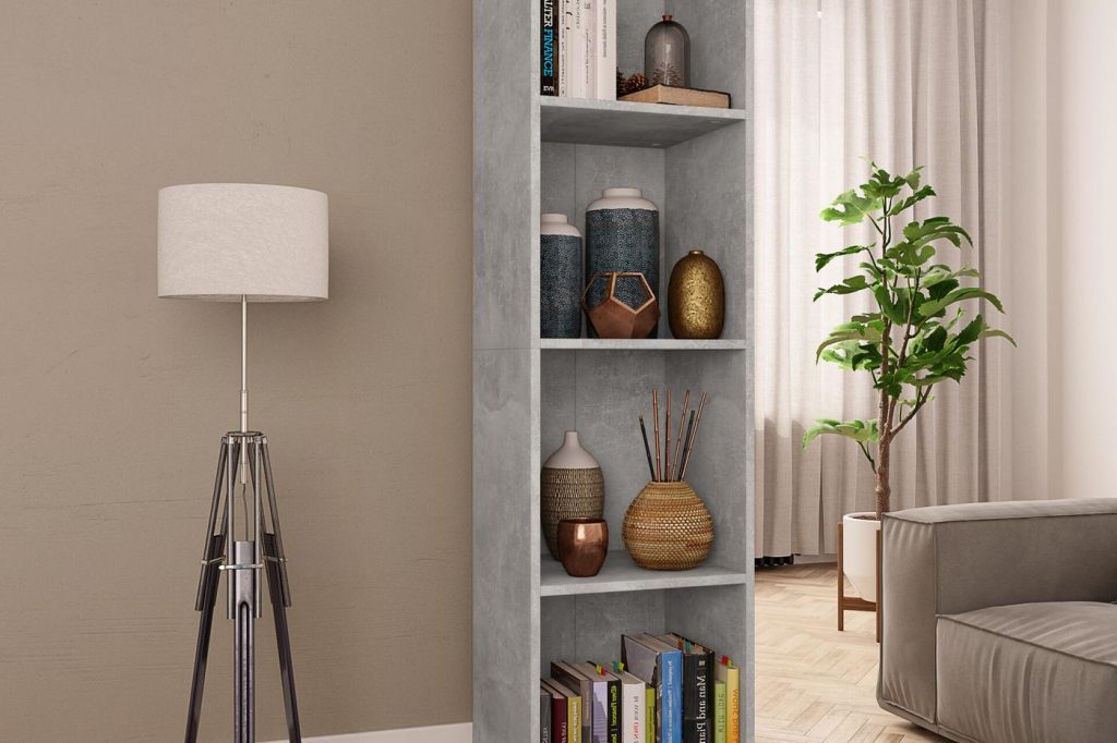 3D lifestyle render of a tall concrete-grey bookcase