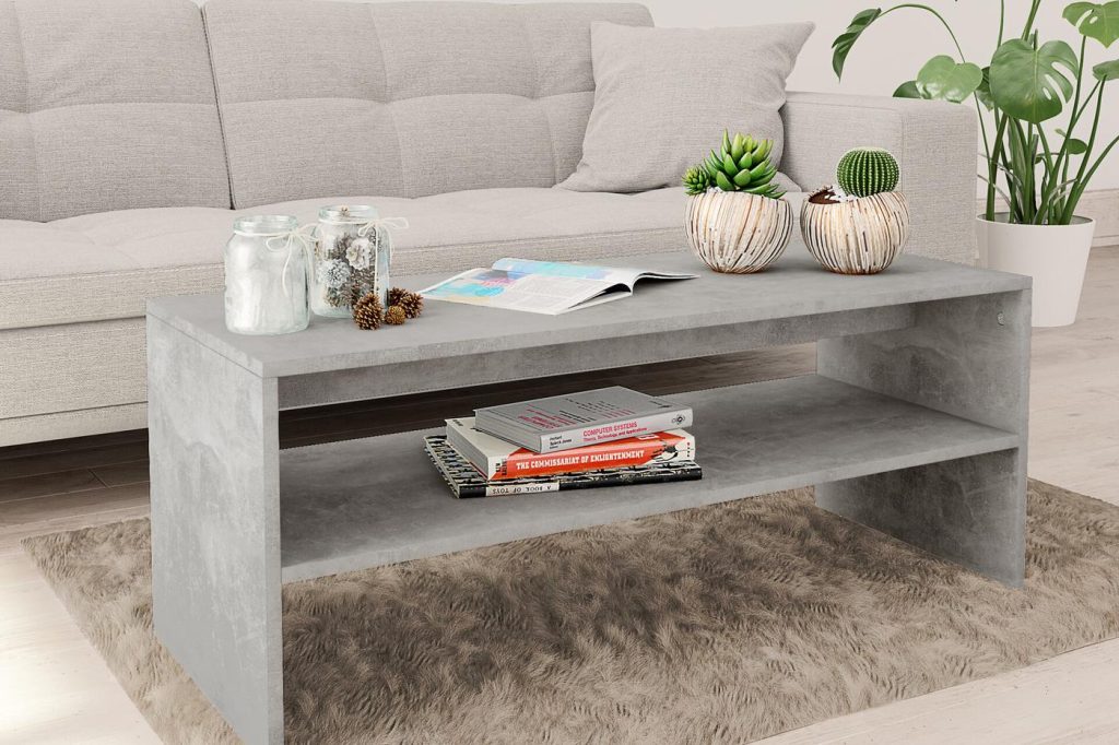 3D lifestyle render of a concrete-grey coffee table
