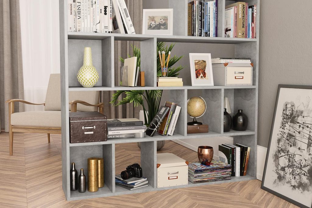 3D lifestyle render of a concrete-grey shelving unit