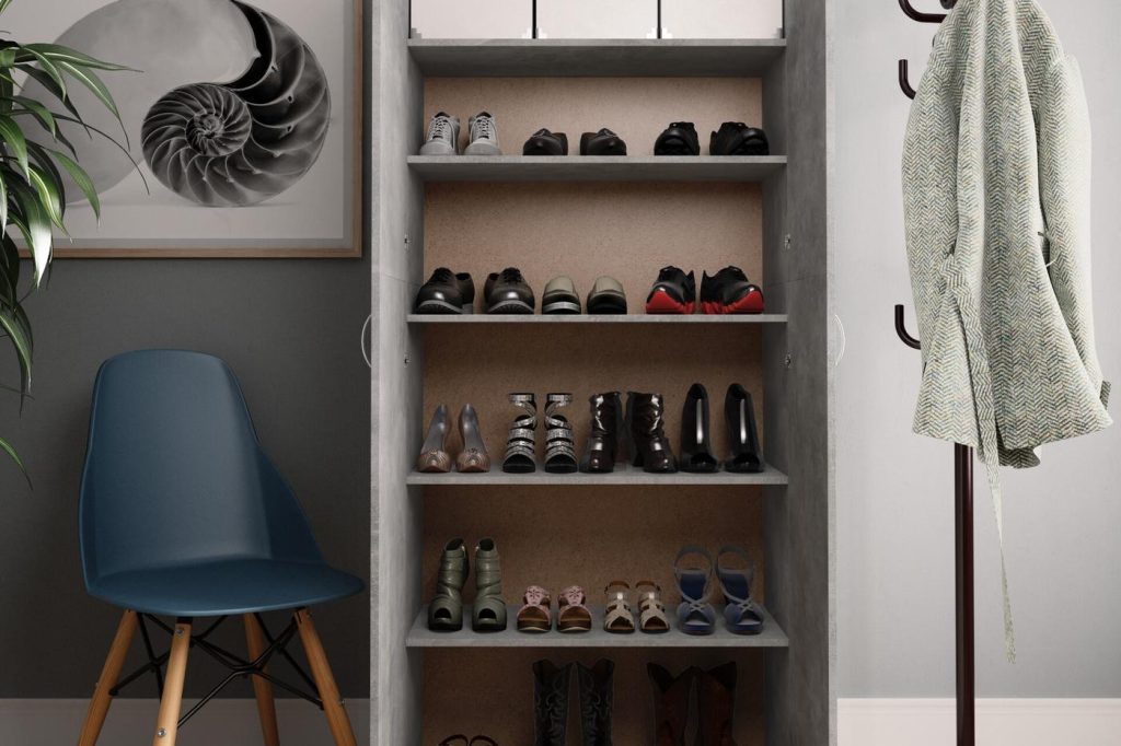 3D lifestyle render of a concrete-grey shoe cabinet with its doors open