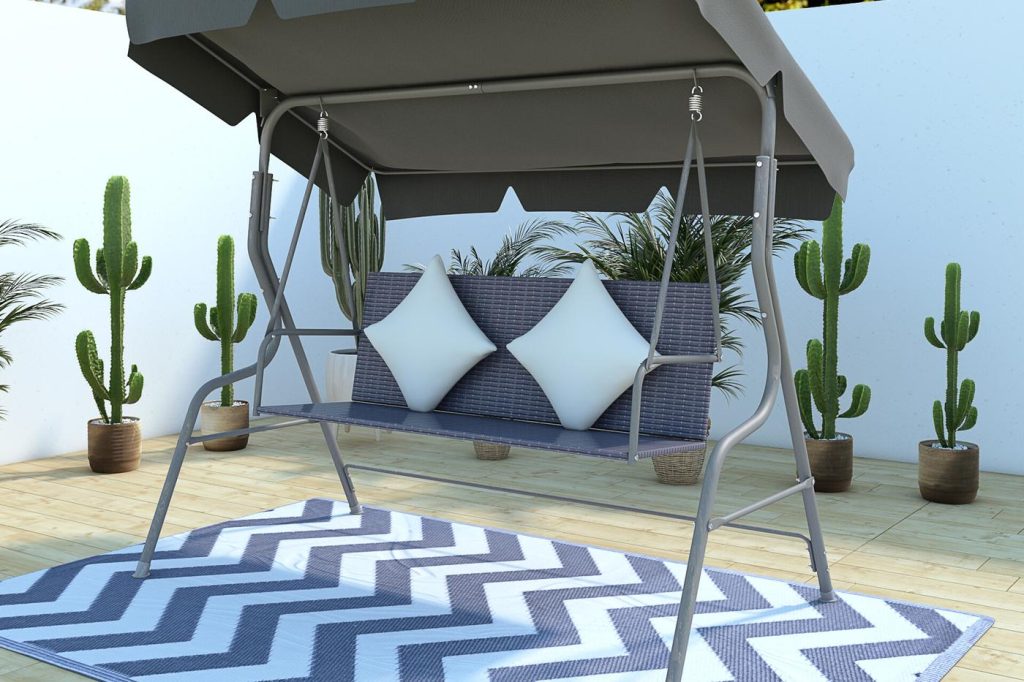 3D render of a canopy garden swing on a patterned rug