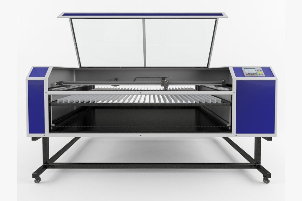 The same laser cutting machine rendered in blue