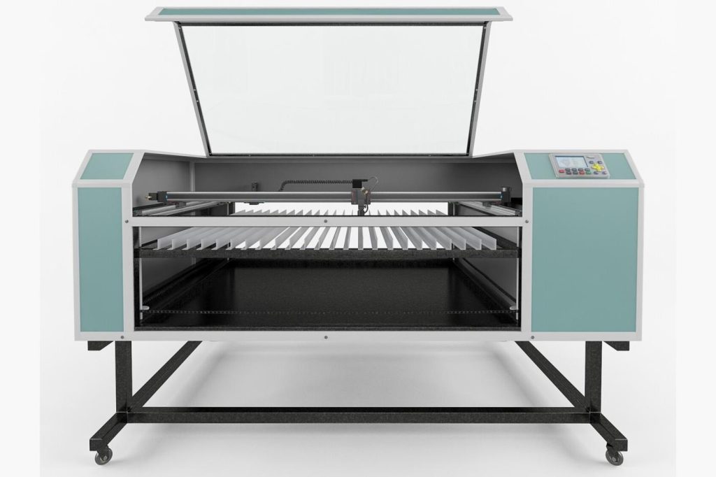 The same laser cutting machine rendered in teal