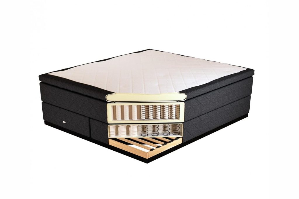 3D cutaway render showing the inner layers and springs of a mattress