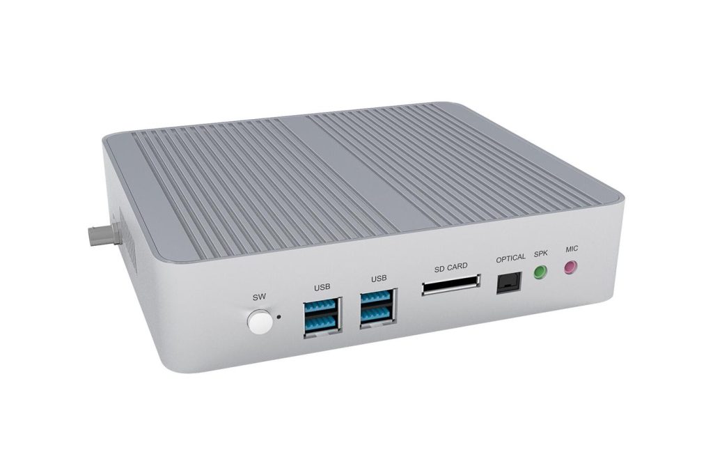 3D product render of a fanless aluminum mini PC