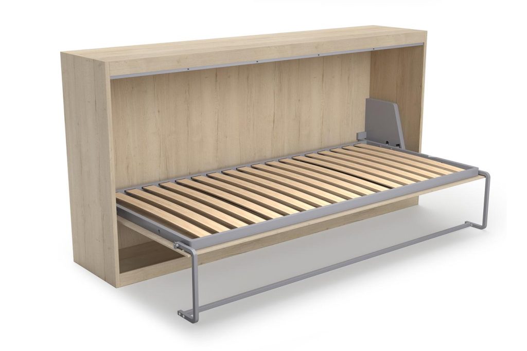3D render of a horizontal wall bed folded down to show its frame
