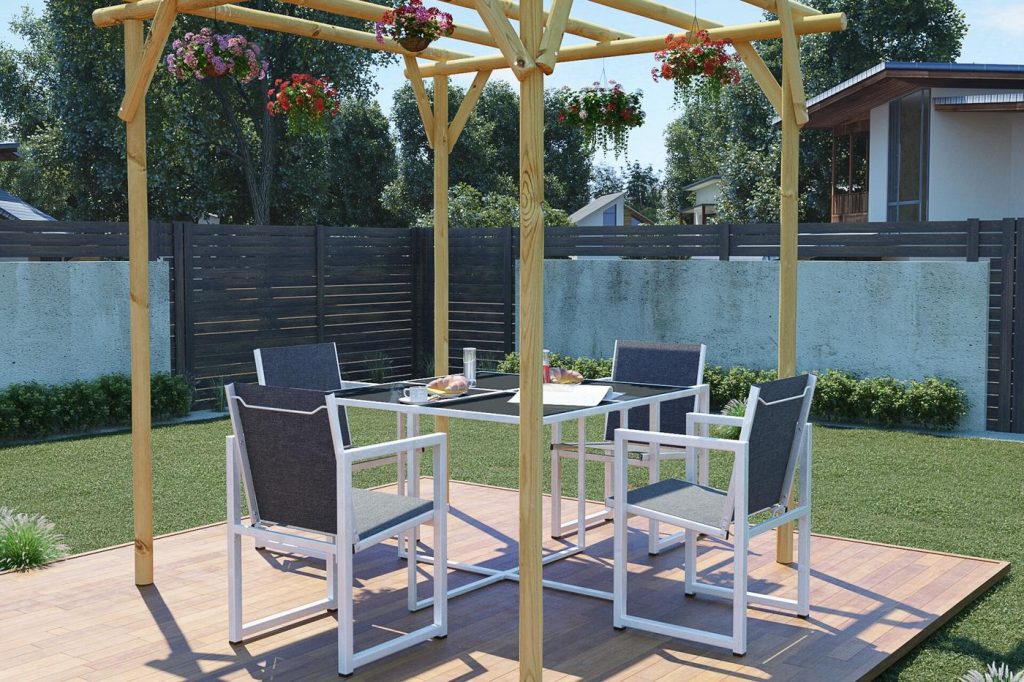 3D render of a wooden pergola over an outdoor dining set