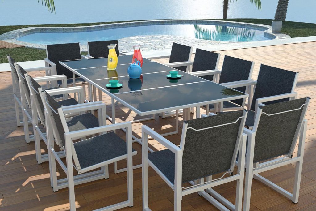 3D render of a poolside dining set by the sea