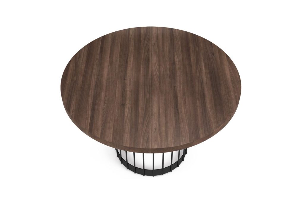 3D packshot of a round walnut dining table with a metal base