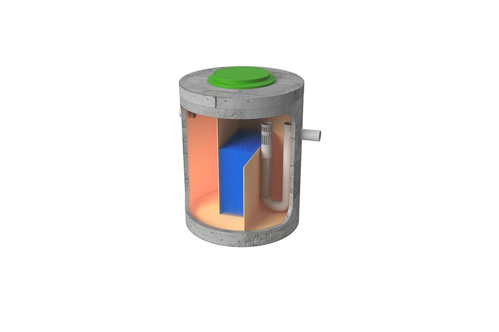 3D cutaway render showing the chambers inside a septic tank