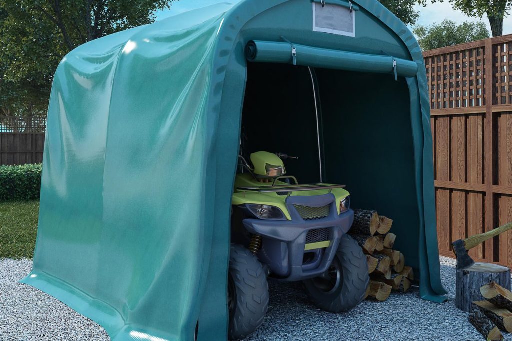 3D render of a portable storage tent sheltering an ATV