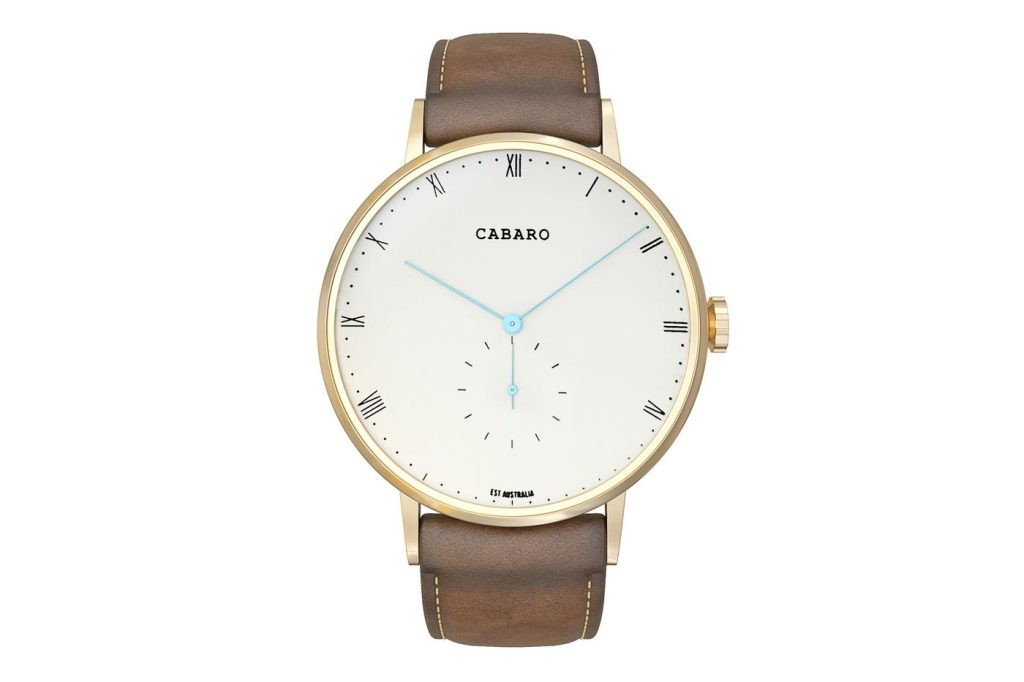 3D product render of a gold wristwatch with a brown leather strap
