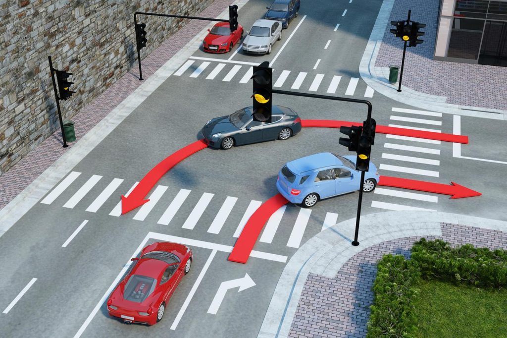 3D training visual showing cars at a city intersection with turn arrows